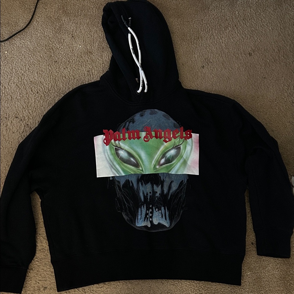 Palm Angels Black Hoodie with Green Alien Design
